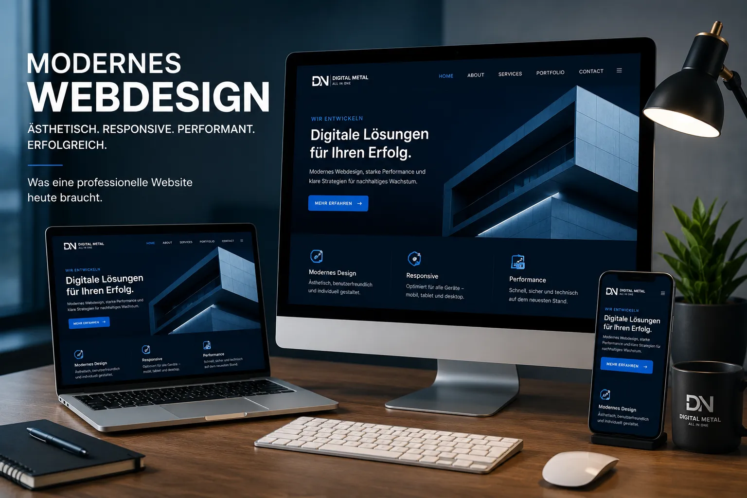 Modernes Webdesign auf Desktop, Laptop und Smartphone für eine professionelle responsive Website.